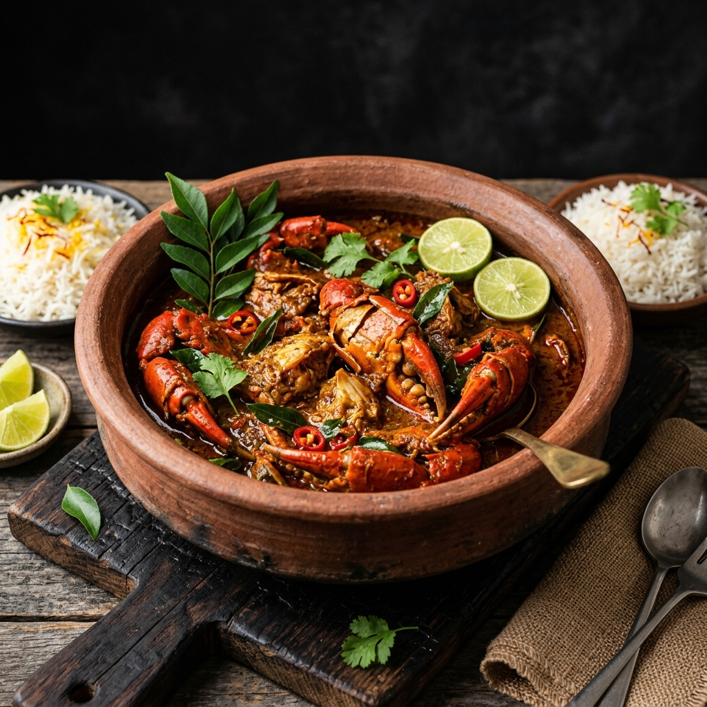 Glistening red Jaffna Crab Curry simmered in clay vessel