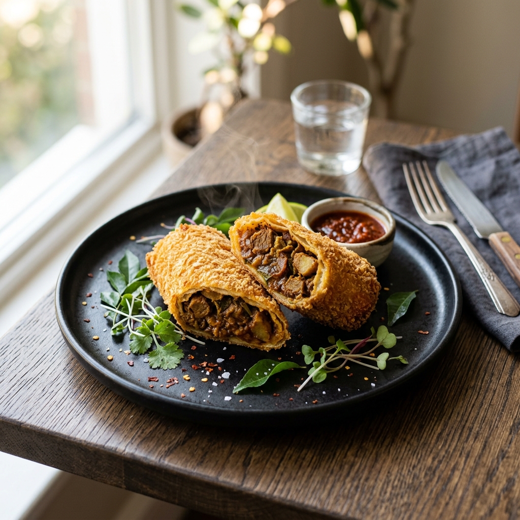 Crispy Sri Lankan Mutton Rolls cut open with fillings